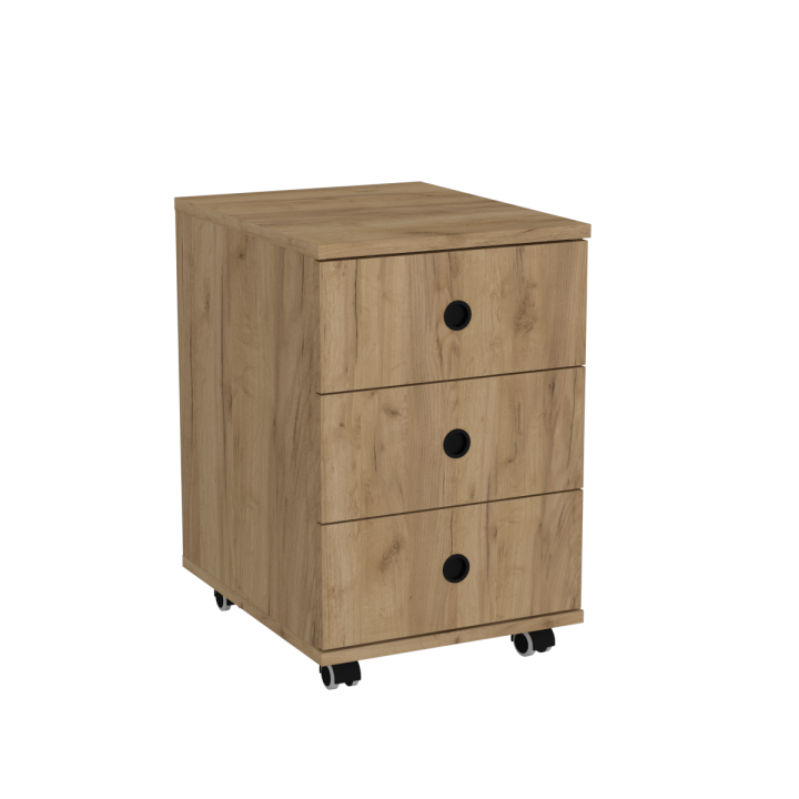 Kontenerek na kółkach z szufladami N^1 - dębowy, czarne uchwyty wpuszczane