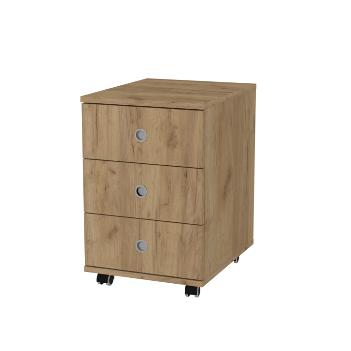 Kontenerek na kółkach z szufladami N^1 - dębowy, srebrne uchwyty wpuszczane