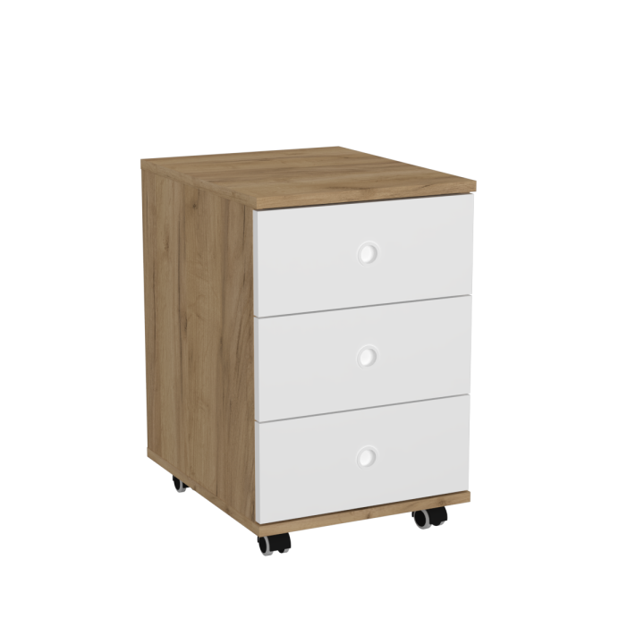 Kontenerek na kółkach z szufladami N^1 - dębowo-biały, białe uchwyty wpuszczane