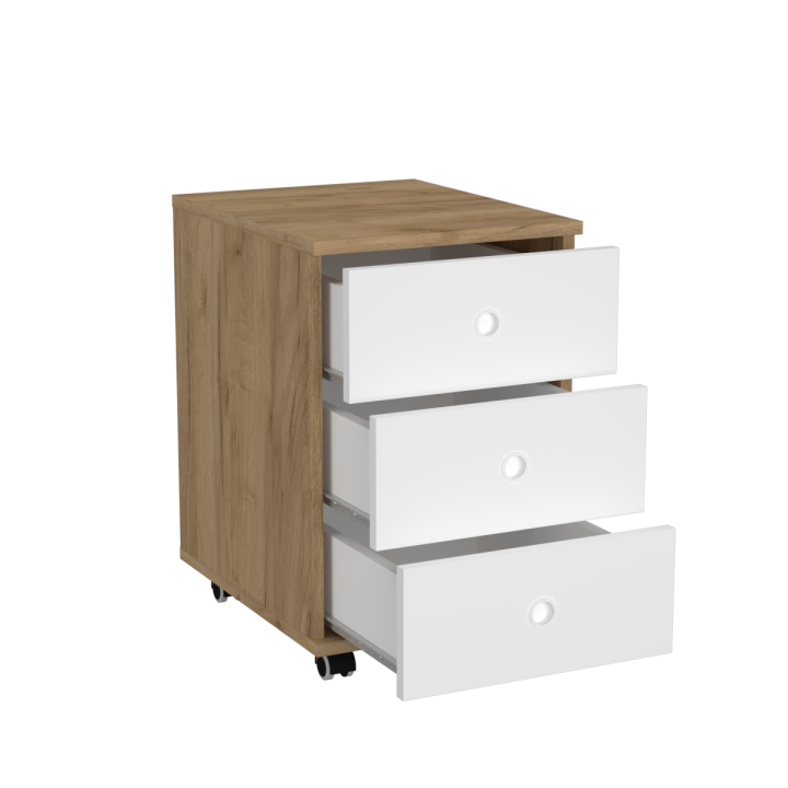 Kontenerek na kółkach z szufladami N^1 - dębowo-biały, białe uchwyty wpuszczane