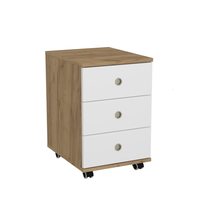 Kontenerek na kółkach z szufladami N^1 - dębowo-biały, srebrne uchwyty wpuszczane