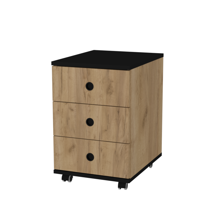 Kontenerek na kółkach z szufladami N^1 - dębowo-czarny, czarne uchwyty wpuszczane