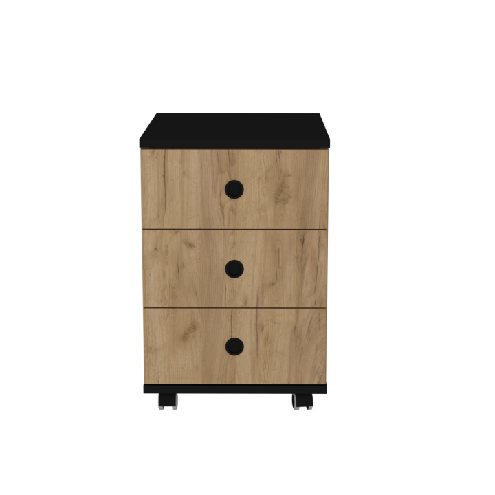 Kontenerek na kółkach z szufladami N^1 - dębowo-czarny, czarne uchwyty wpuszczane