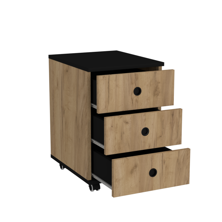 Kontenerek na kółkach z szufladami N^1 - dębowo-czarny, czarne uchwyty wpuszczane