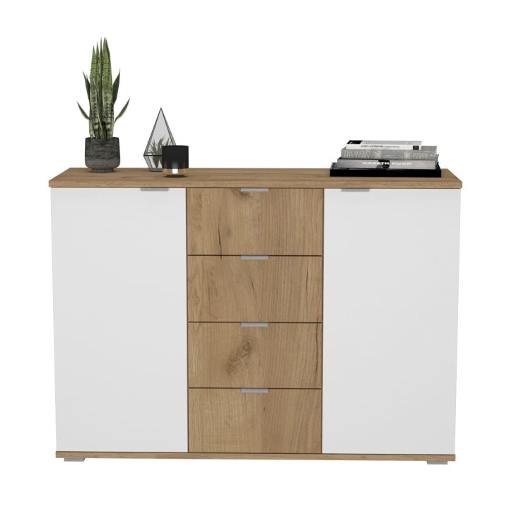 Komoda dwudrzwiowa z szufladami N^2 - dębowo-biała, srebrne uchwyty