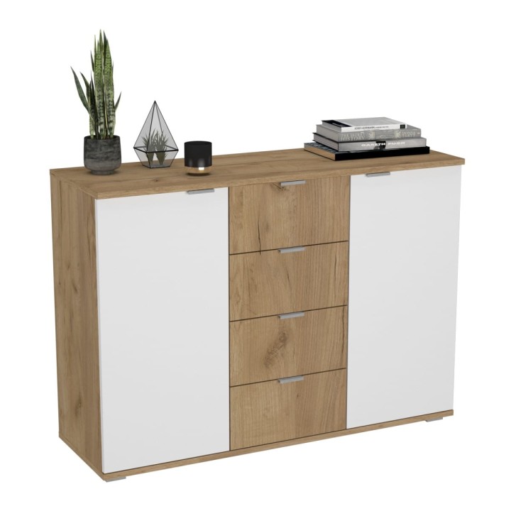 Komoda dwudrzwiowa z szufladami N^2 - dębowo-biała, srebrne uchwyty