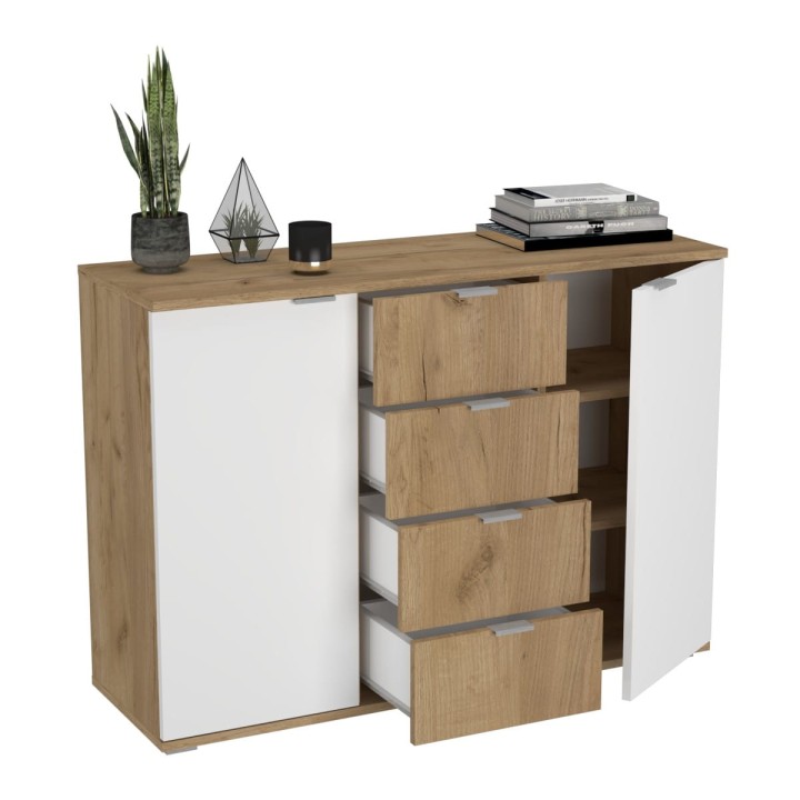 Komoda dwudrzwiowa z szufladami N^2 - dębowo-biała, srebrne uchwyty