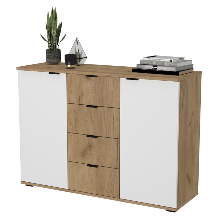 Komoda dwudrzwiowa z szufladami N^2 - dębowo-biała, czarne uchwyty