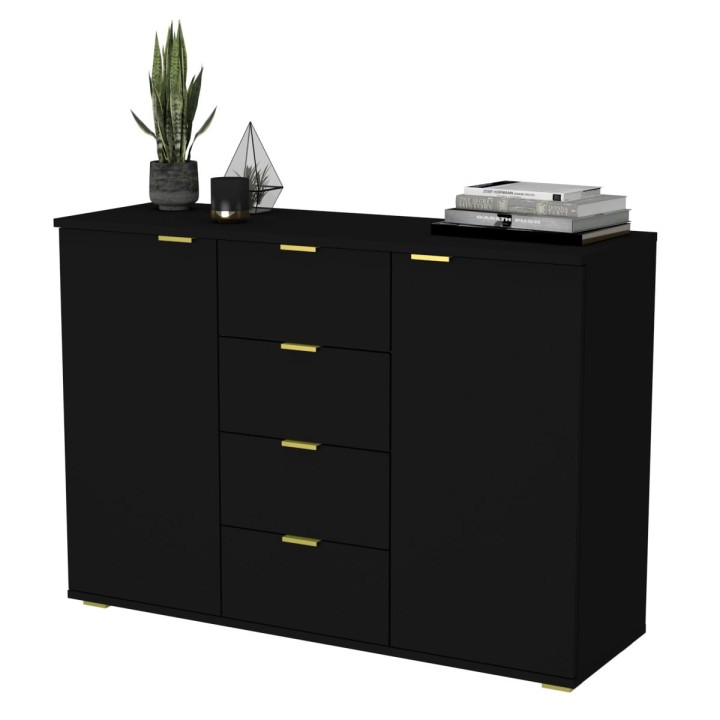 Komoda dwudrzwiowa z szufladami N^2 - czarna, złote uchwyty