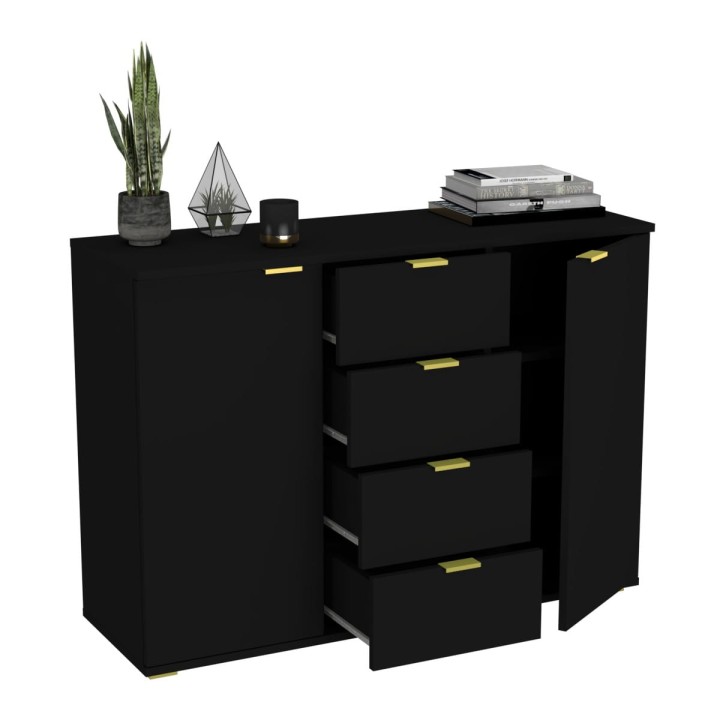 Komoda dwudrzwiowa z szufladami N^2 - czarna, złote uchwyty